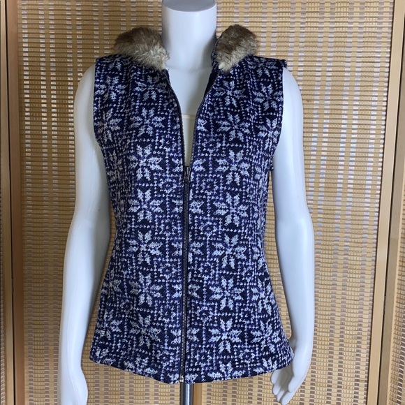 Talbots Hooded Fleece Vest Blue Snowflakes Size Medium - Picture 1 of 6